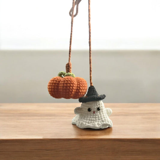 Crochet Ghost And Pumpkin Car Mirror Hanging