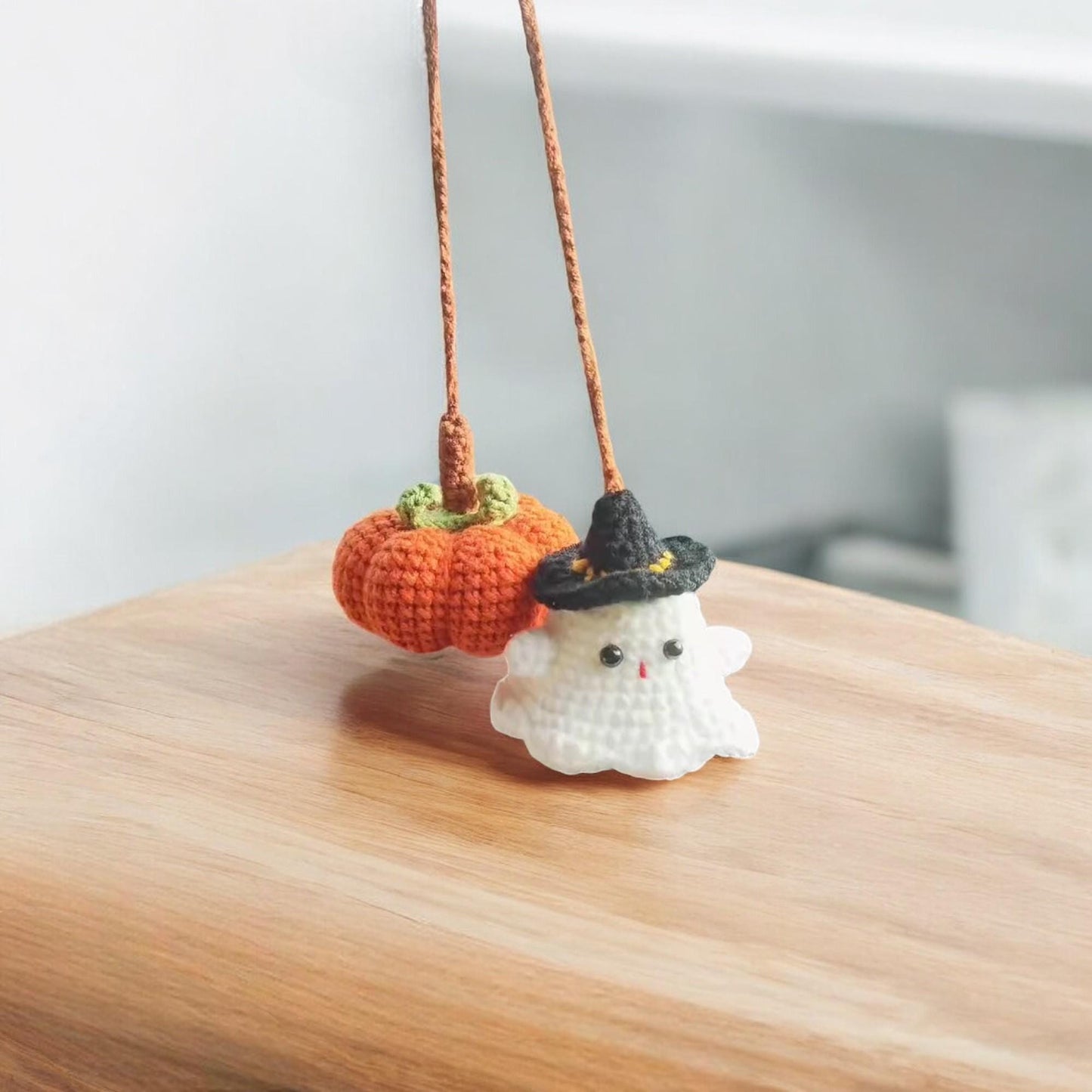 Crochet Ghost And Pumpkin Car Mirror Hanging