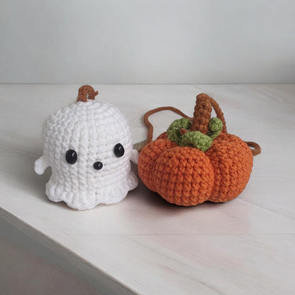 Crochet Ghost And Pumpkin Car Mirror Hanging