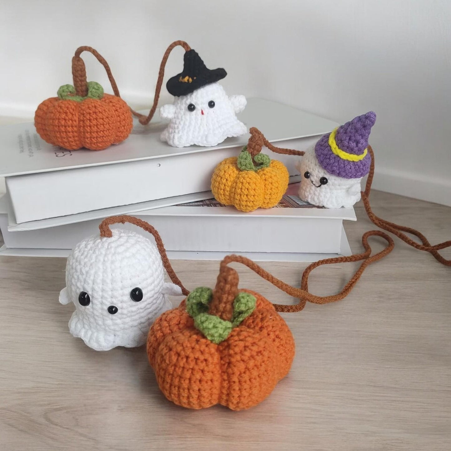 Crochet Ghost And Pumpkin Car Mirror Hanging