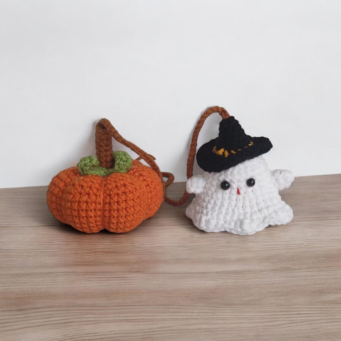 Crochet Ghost And Pumpkin Car Mirror Hanging