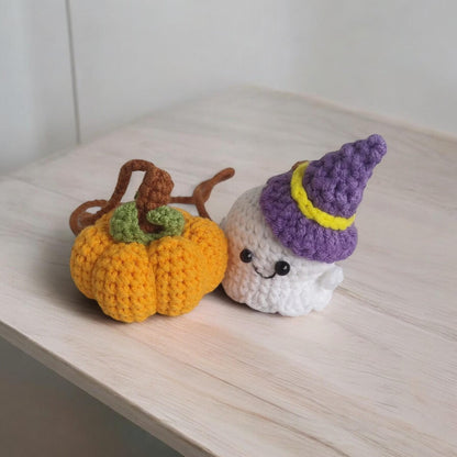 Crochet Ghost And Pumpkin Car Mirror Hanging