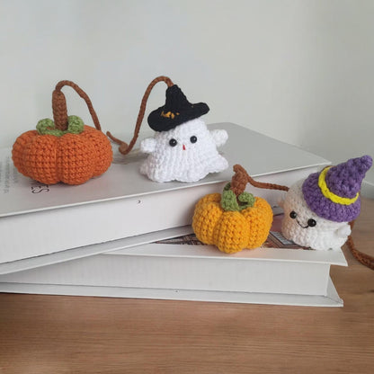 Crochet Ghost And Pumpkin Car Mirror Hanging